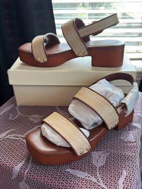 Anne Klein Brown Platform Sandal with Cream Woven Straps